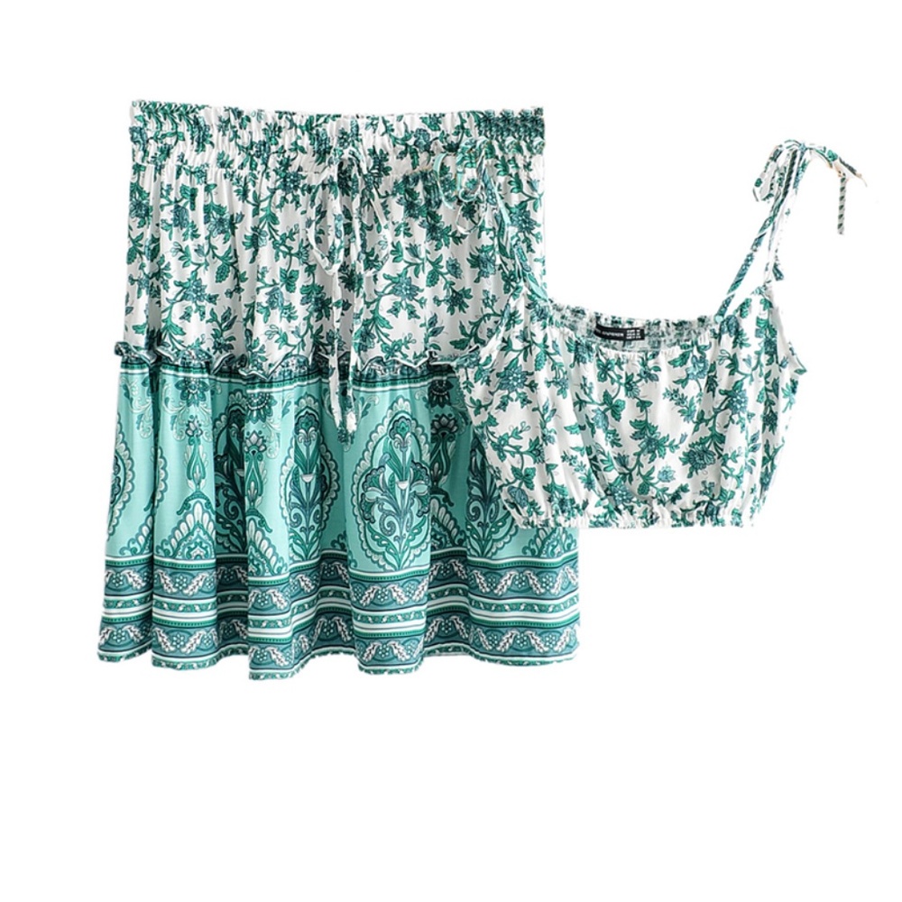 bohemian mint cami crop top ruffle skirt set - Picture 6 of 7